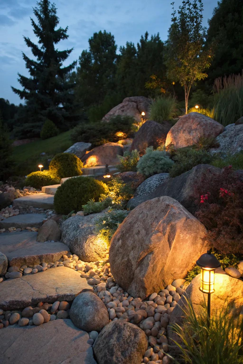 Highlight your rock garden's beauty with solar lighting.