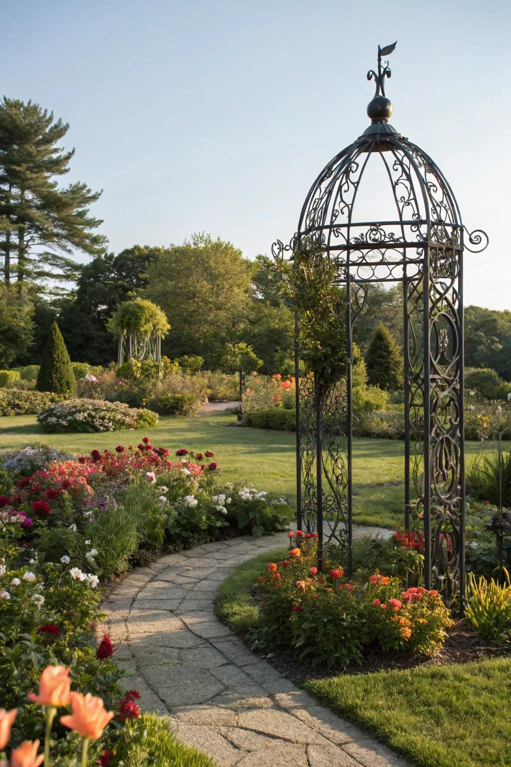 Artistic sculptures provide personality and intrigue to this garden.