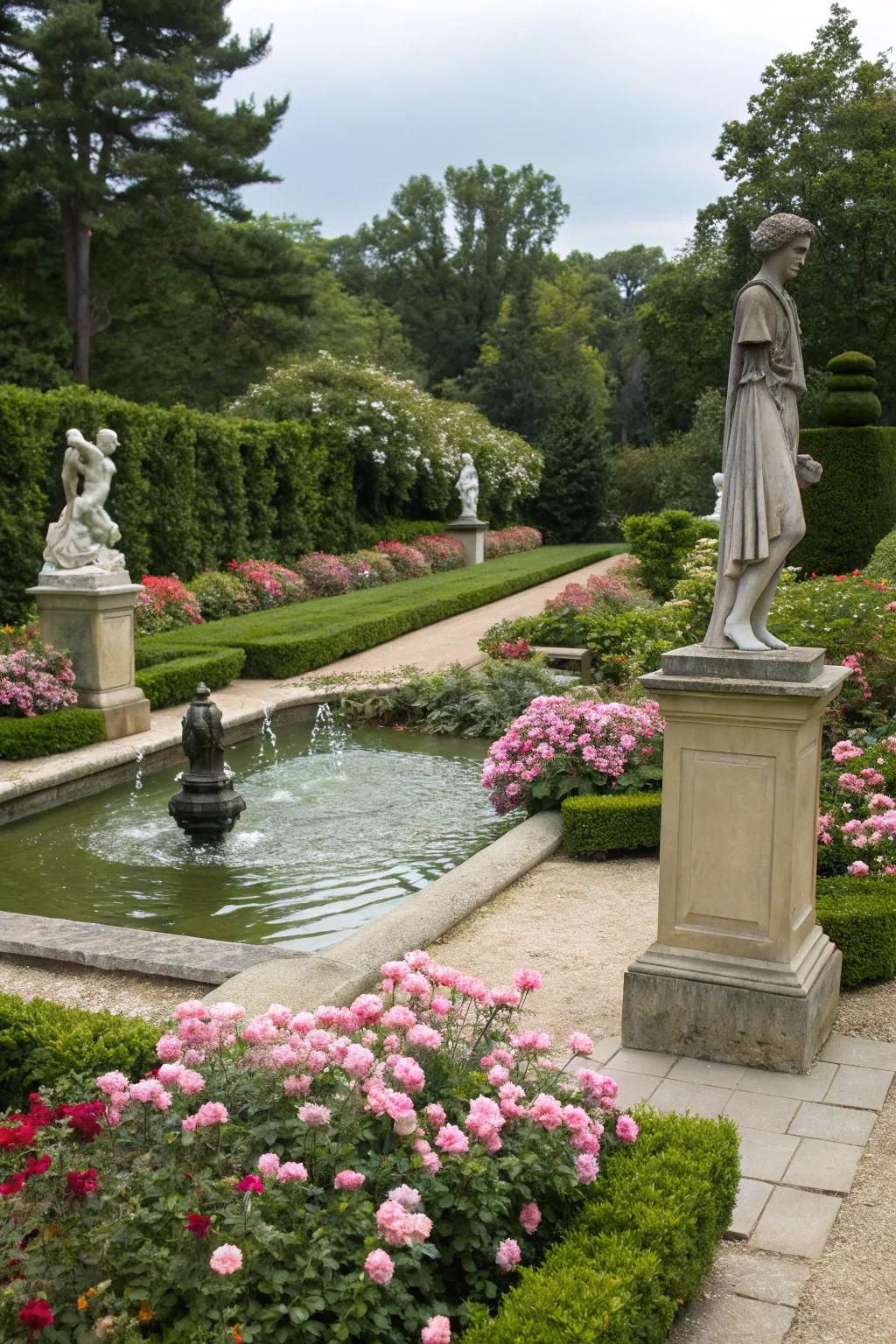 Artistic elements like sculptures or water features personalize and enhance garden allure.