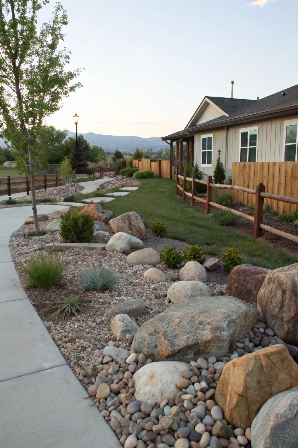 Decorative rocks adding rustic charm to a Southern front yard.