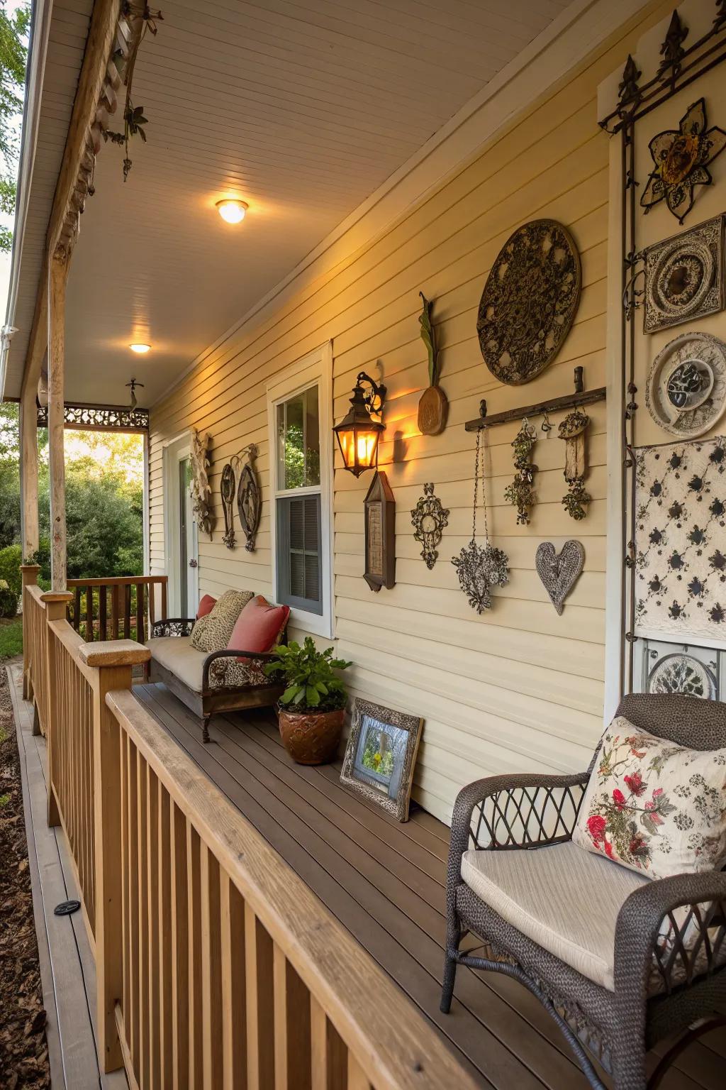 Artistic decor pieces add a personal touch to the porch.