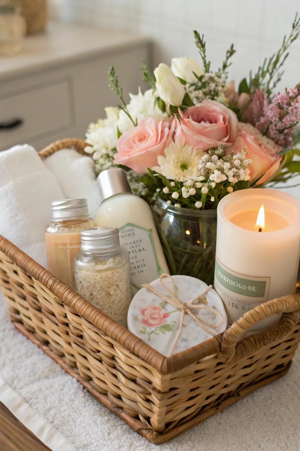 A floral arrangement adds natural beauty and charm to a spa gift.