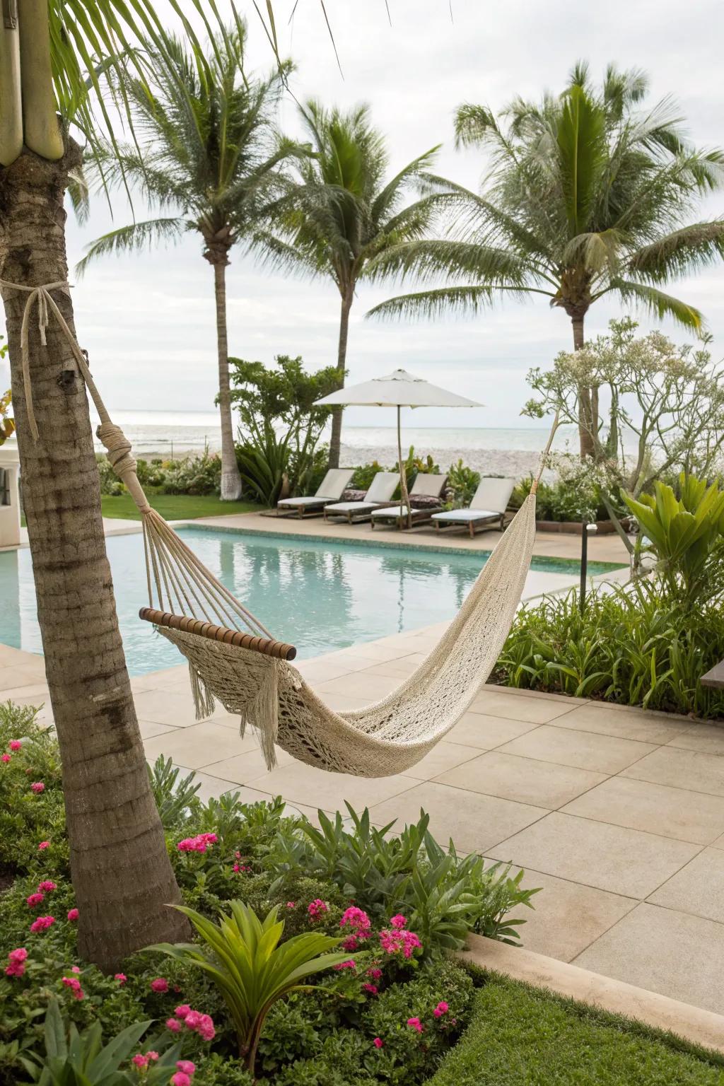 Hammocks offer a casual, relaxing spot next to your spa.