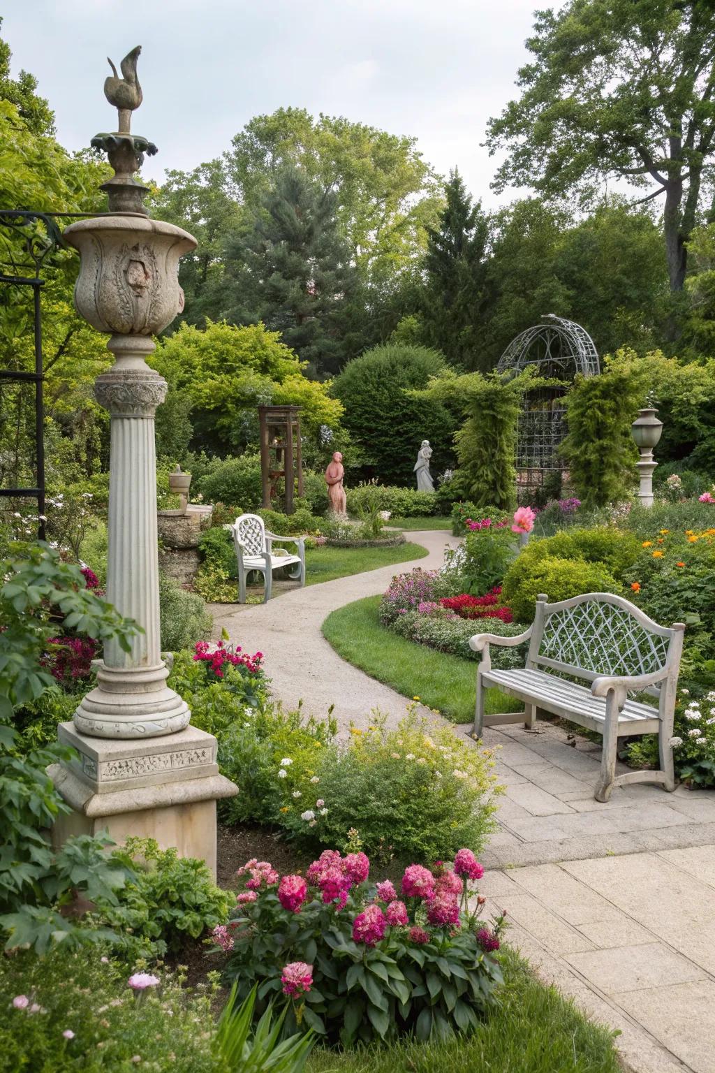 Outdoor art adds a personal touch, making the garden uniquely yours.