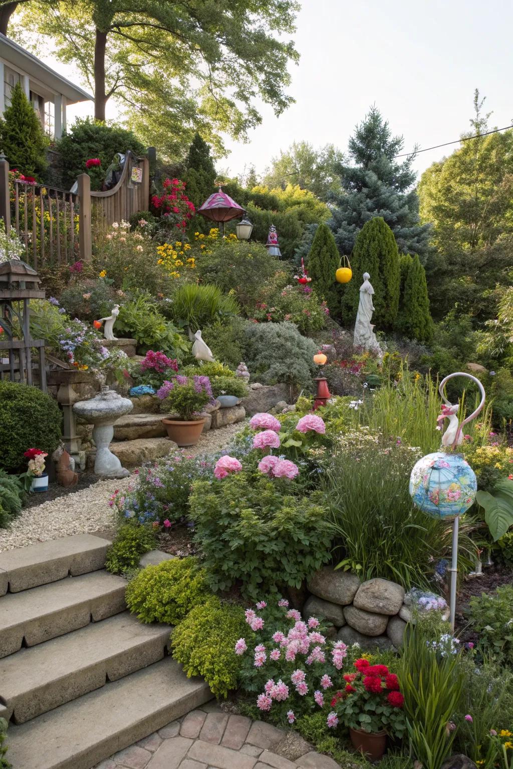 Whimsical ornaments adding personality to a split-level garden.