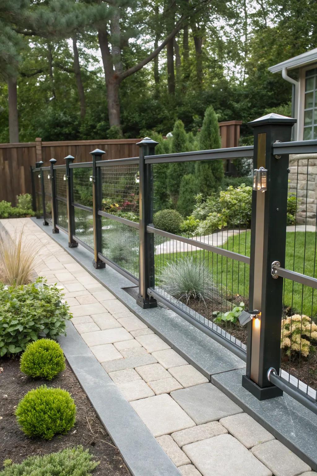 A mix of split rail fencing with modern elements creates a striking contrast in this contemporary garden.