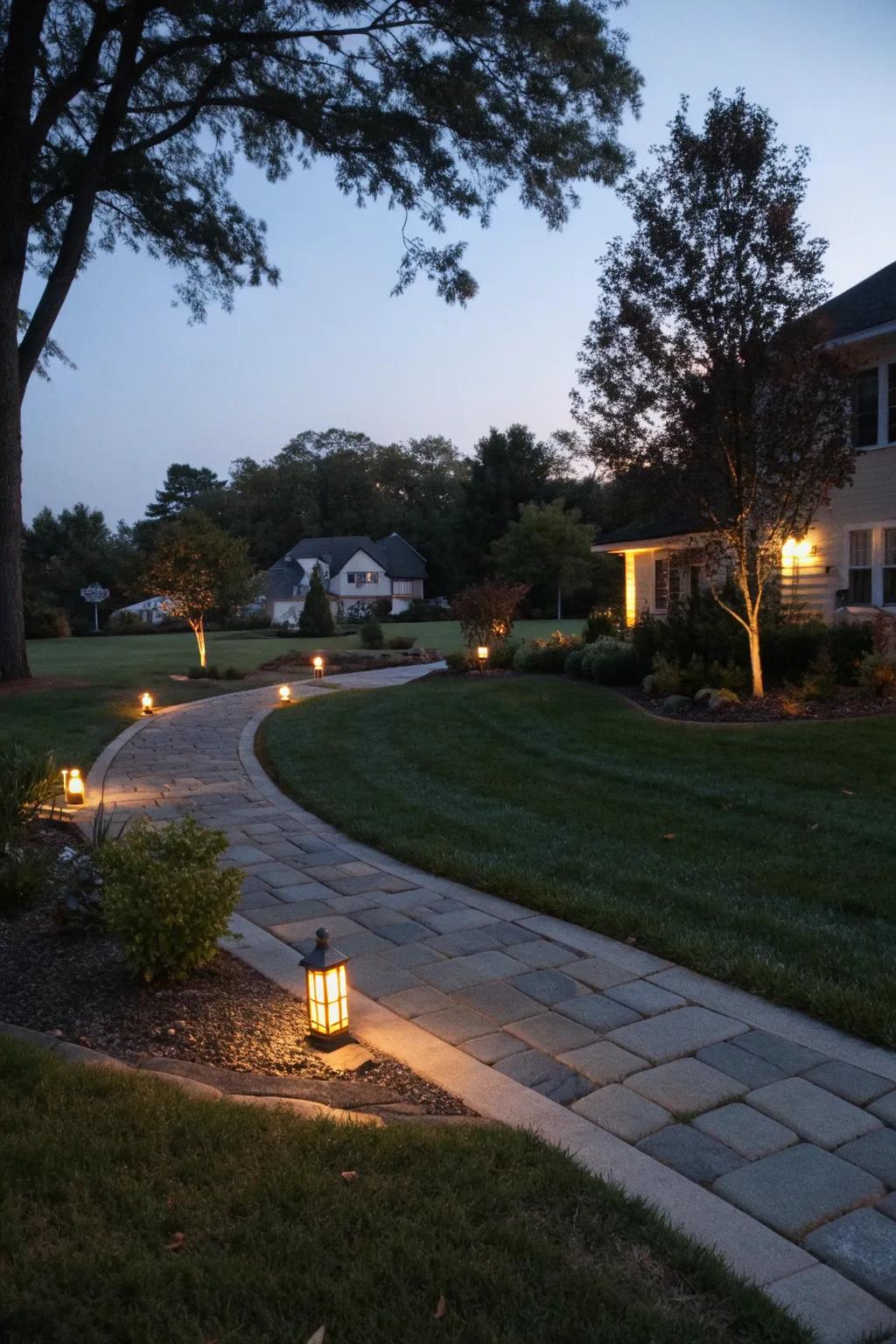 Solar path lights add a magical nighttime glow.