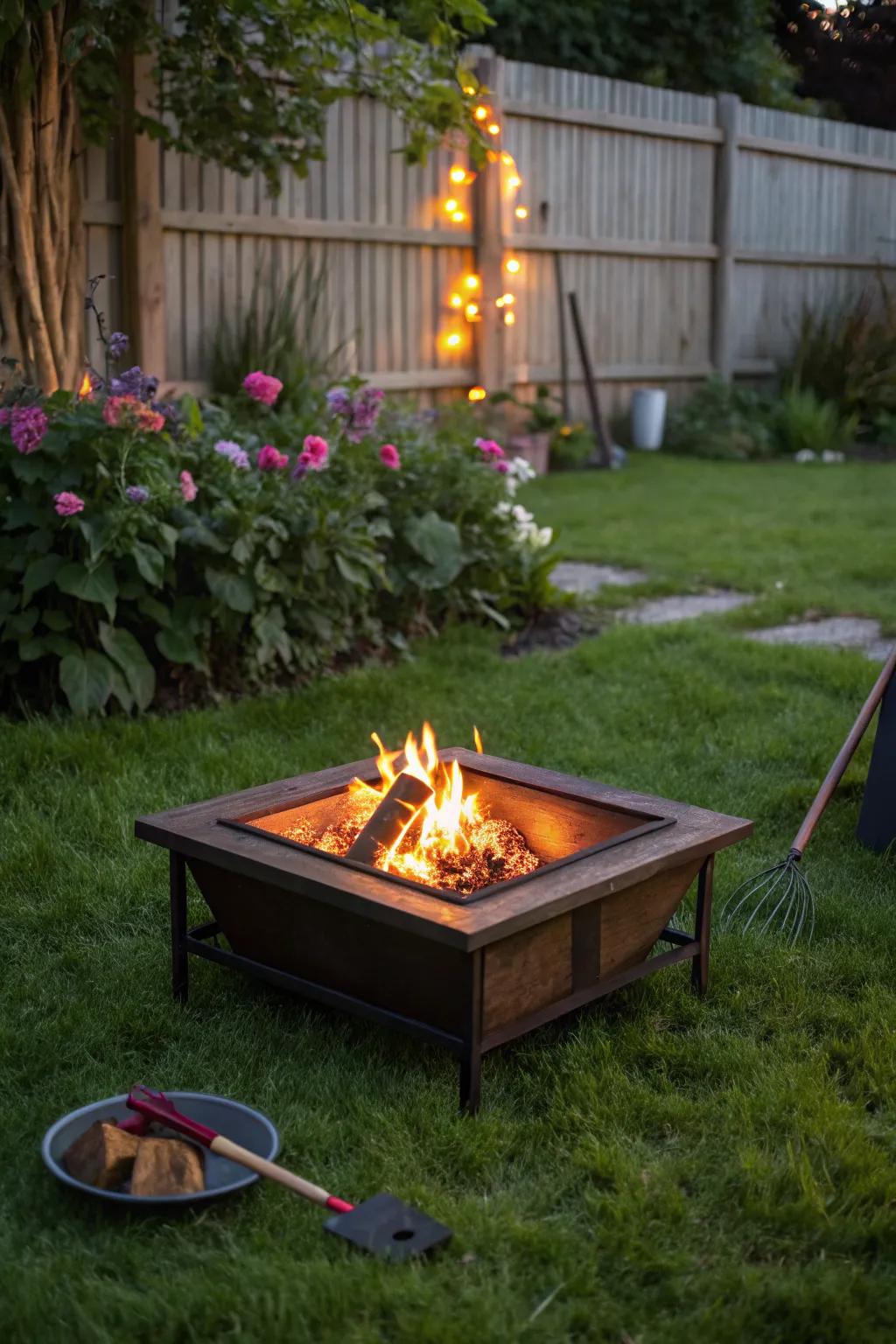 A portable fire pit offers flexibility in garden design.
