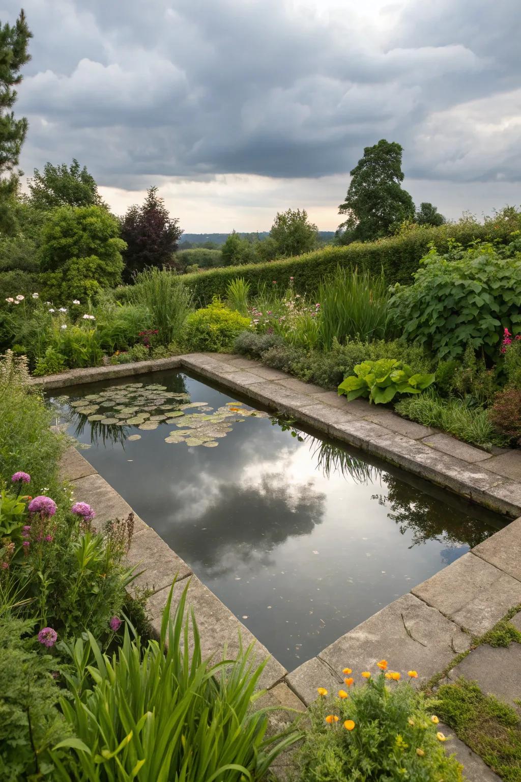 A raised square pond offering easy maintenance and a unique aesthetic.