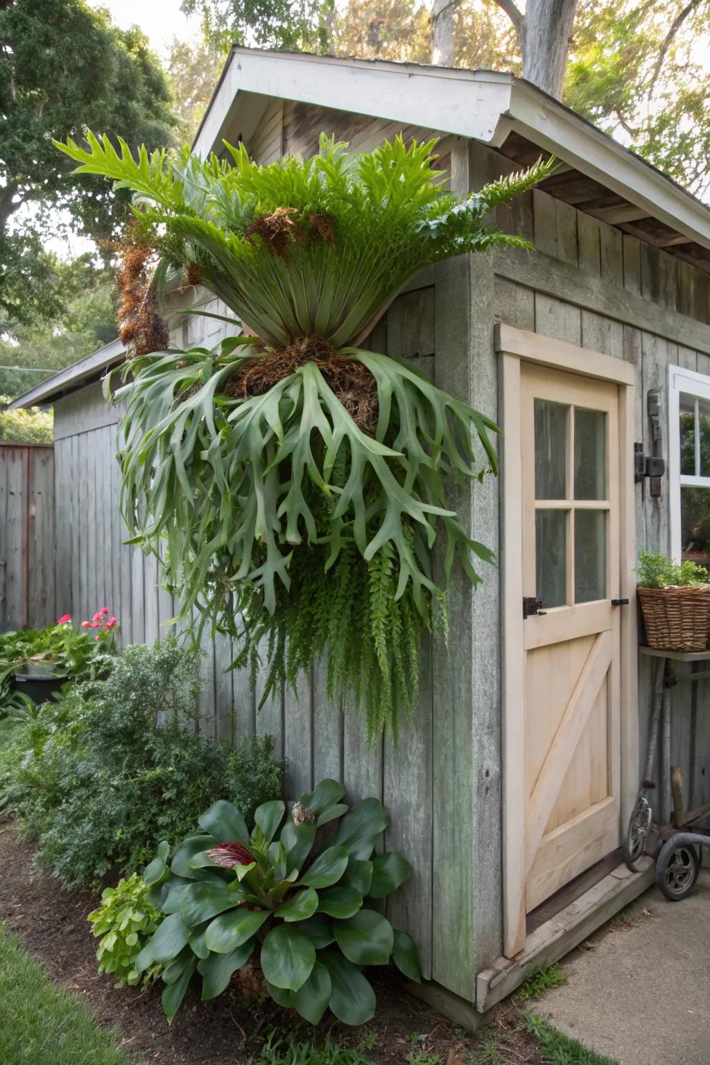 Enhance your garden shed with a charming staghorn fern accent.
