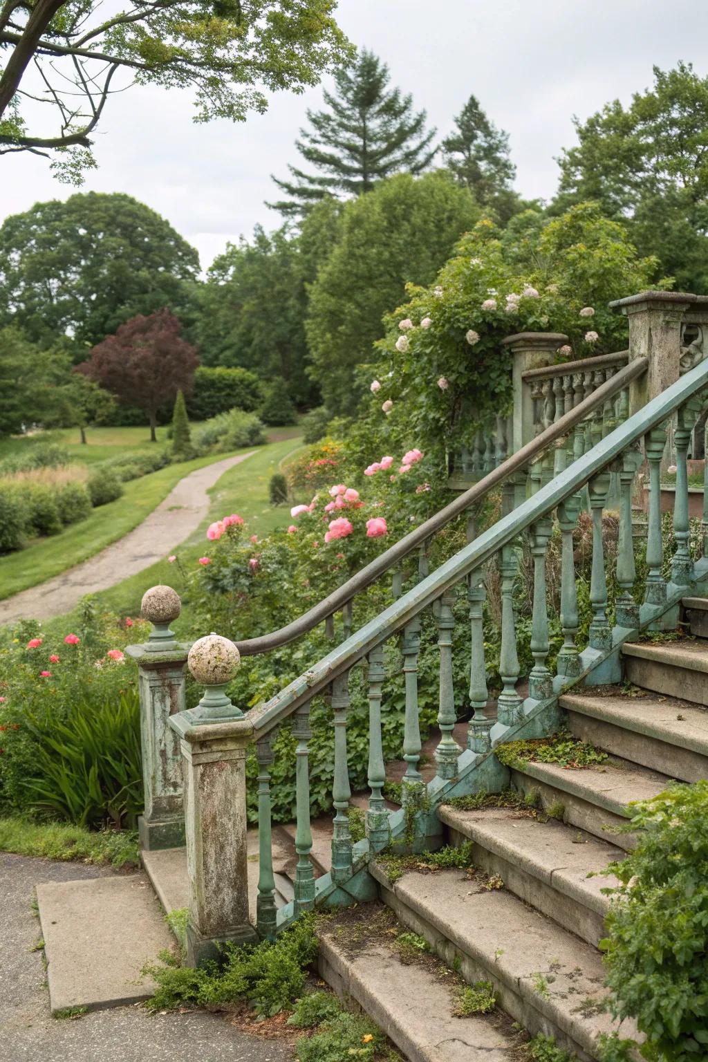 Weathered patina railings add vintage charm and character.
