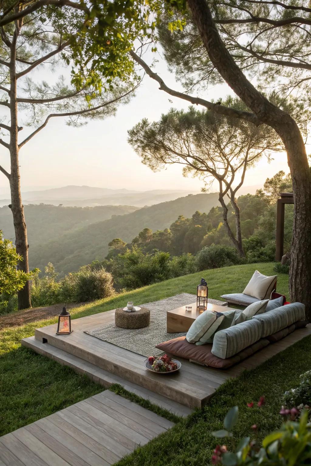 A meditation nook offers a peaceful retreat.