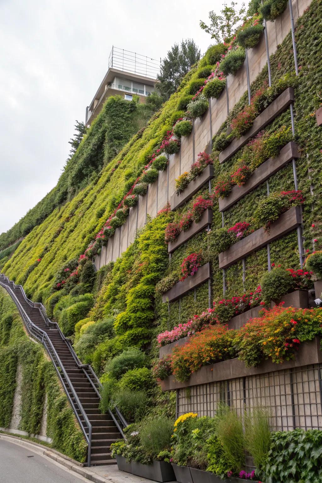 Vertical gardens maximizing space on a steep slope.