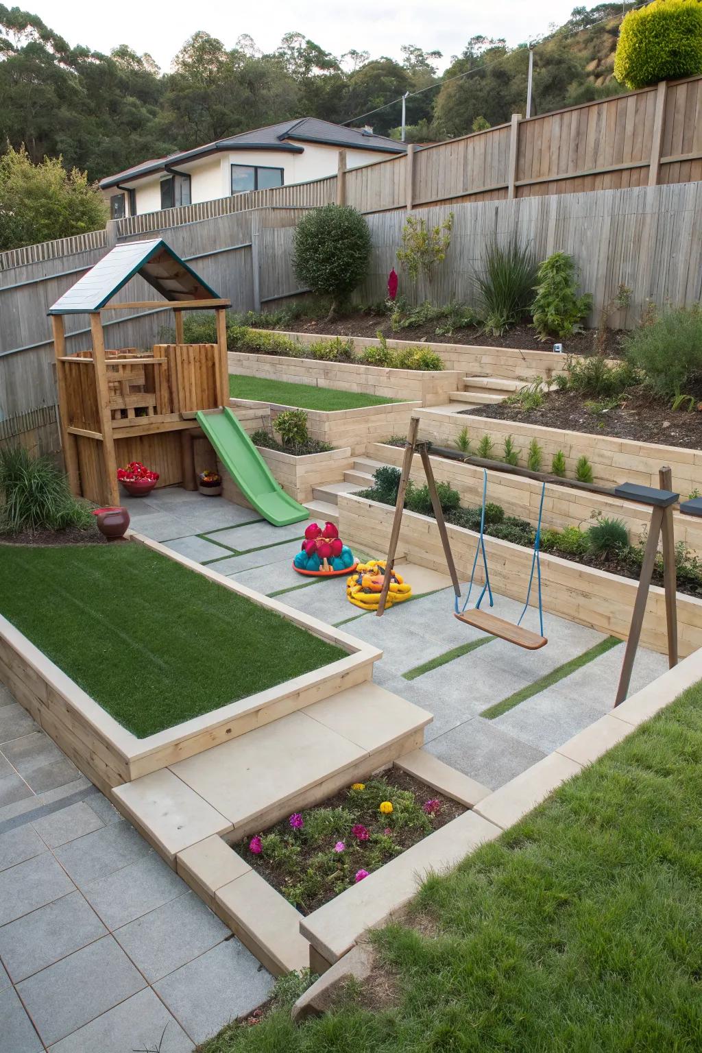 A children's play zone makes terraced gardens family-friendly.