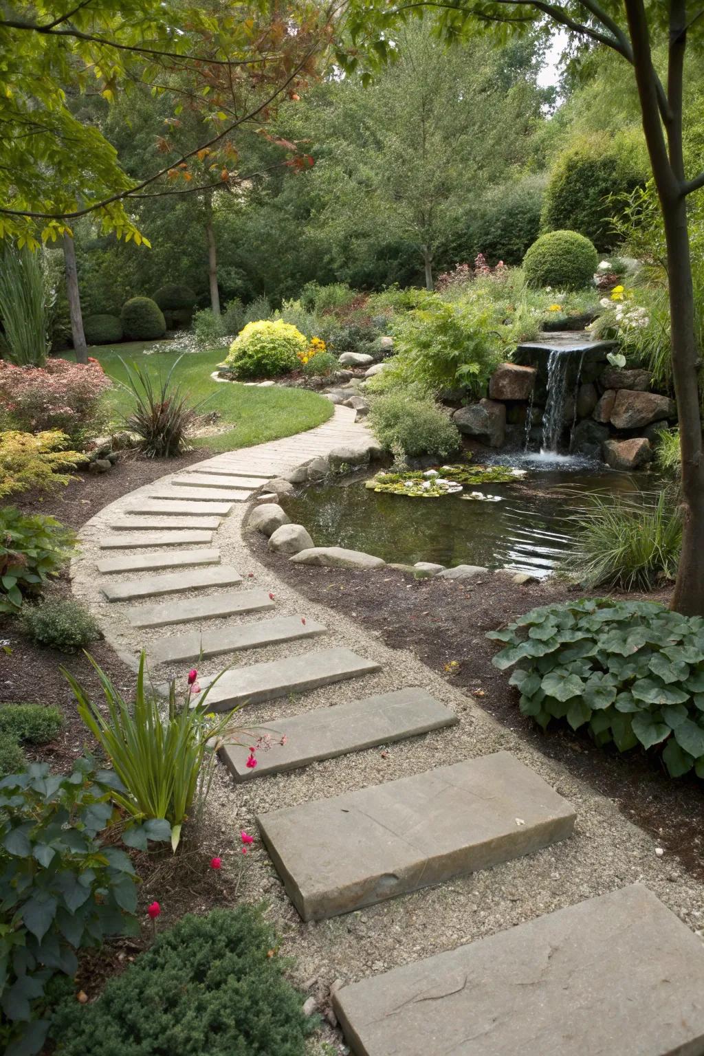 Stepping stones and water feature, creating a tranquil garden retreat