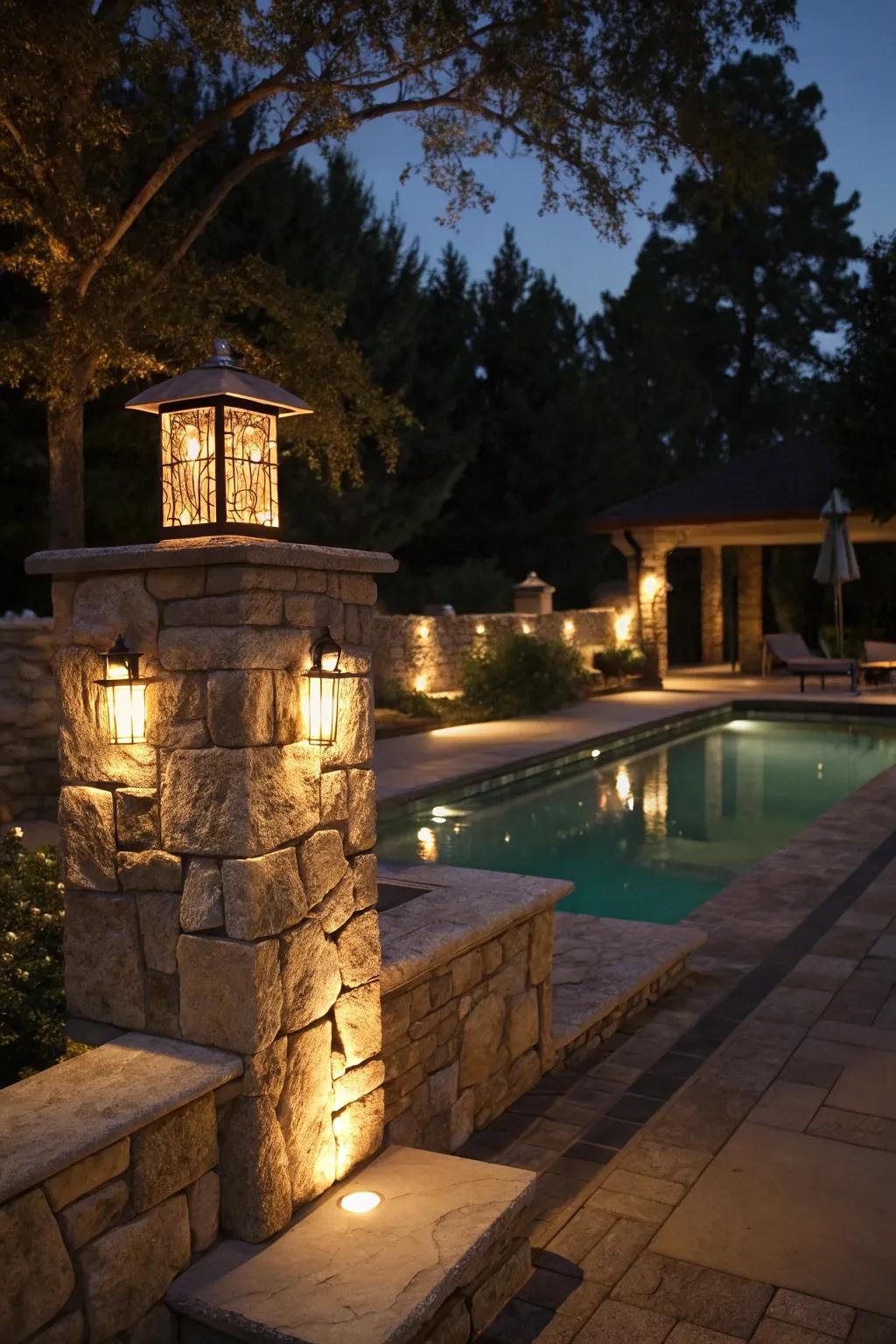 Stone lighting fixtures create an inviting nighttime ambiance.