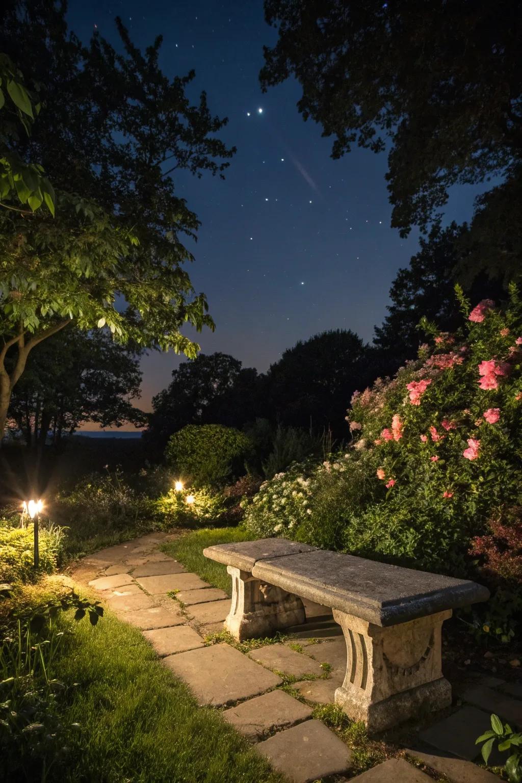 Subtle lighting around the stone bench creates a magical evening ambiance.