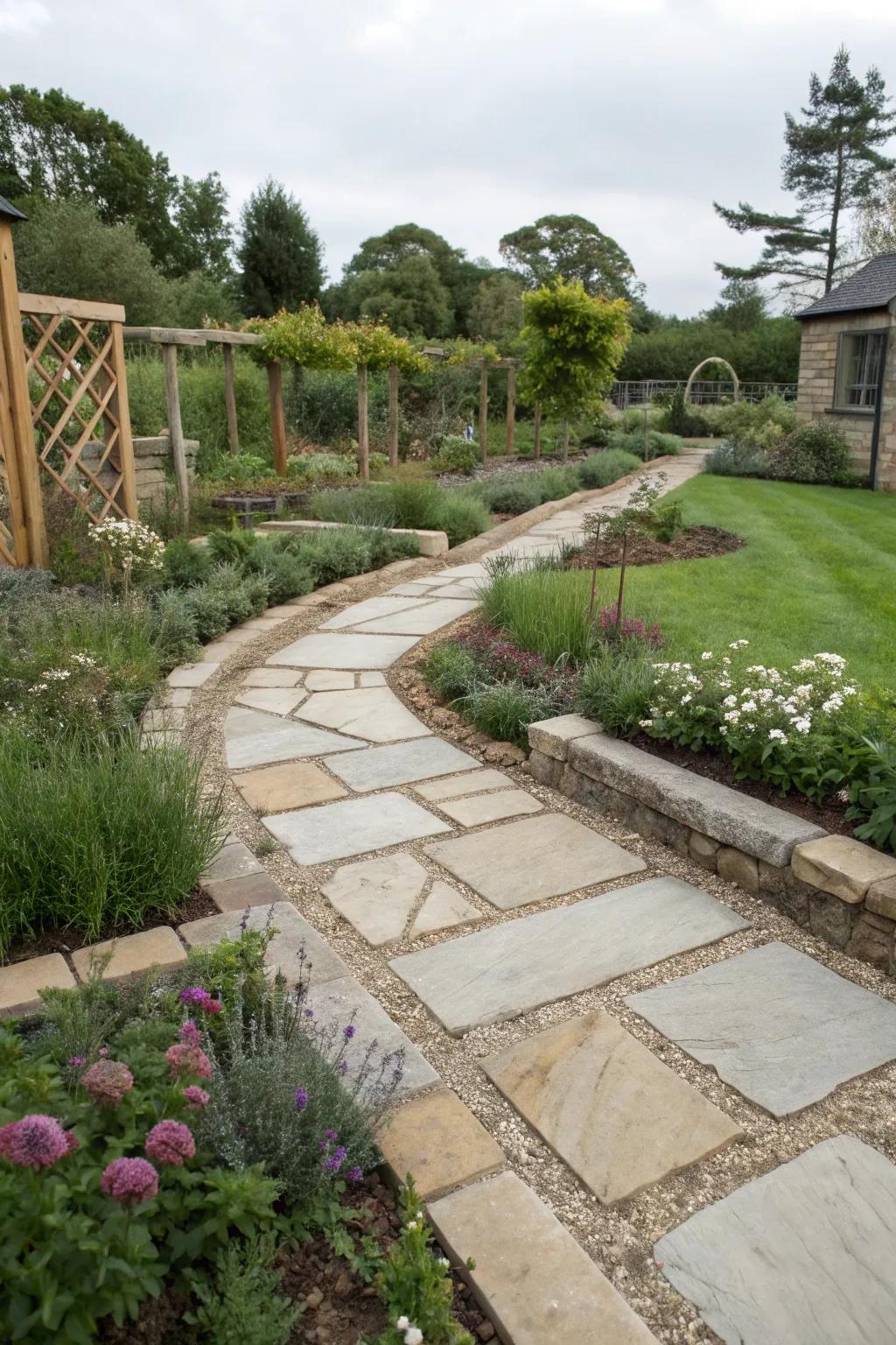 Functional stone pathways enhance garden navigation.