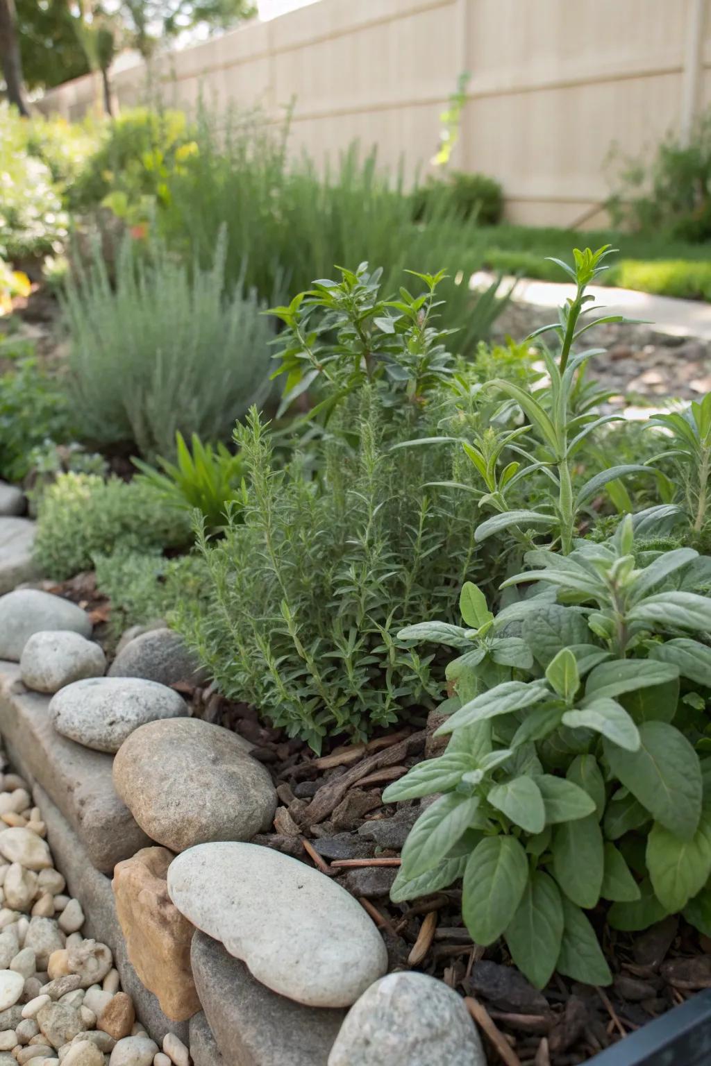 Stones and aromatic herbs create a sensory delight in gardens.