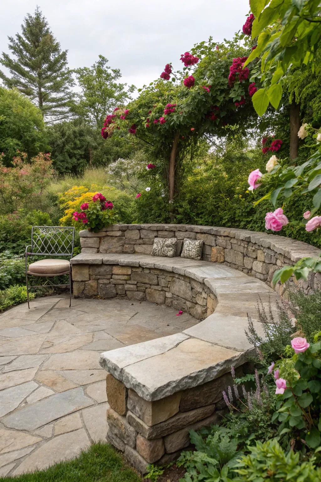 Stone seating circles create inviting social spaces.