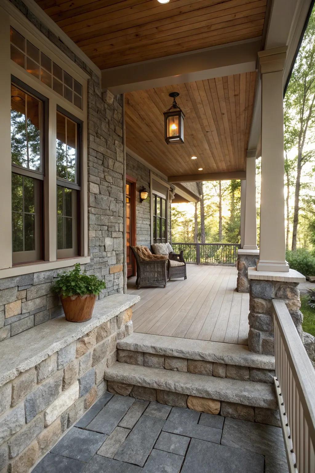 Stone wainscoting provides depth and elegance.