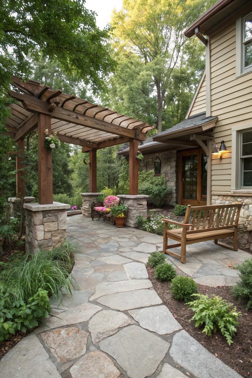 Achieve a rustic charm with stone and wood fusion.