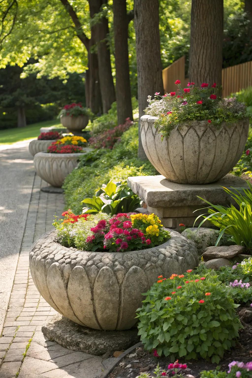 Uniquely shaped stone planters adding artistic flair to a garden.