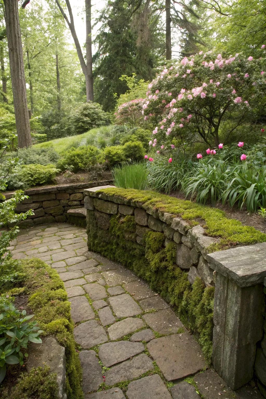 A secret garden nook created by a strategically placed stone wall.