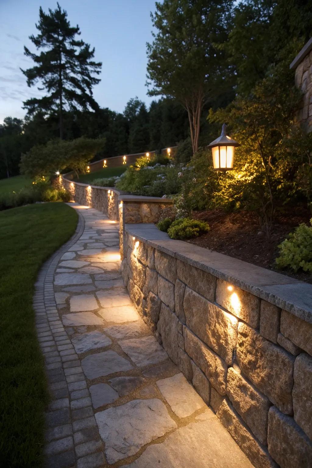 Stone walls come to life with enchanting garden lighting.