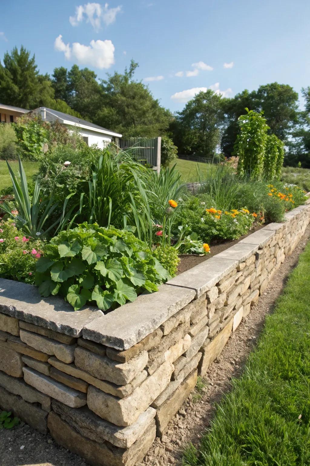Stacked stone walls provide height and structure.