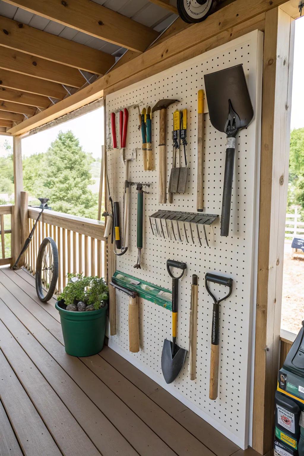 A tool pegboard under the deck keeps gardening essentials tidy and accessible.