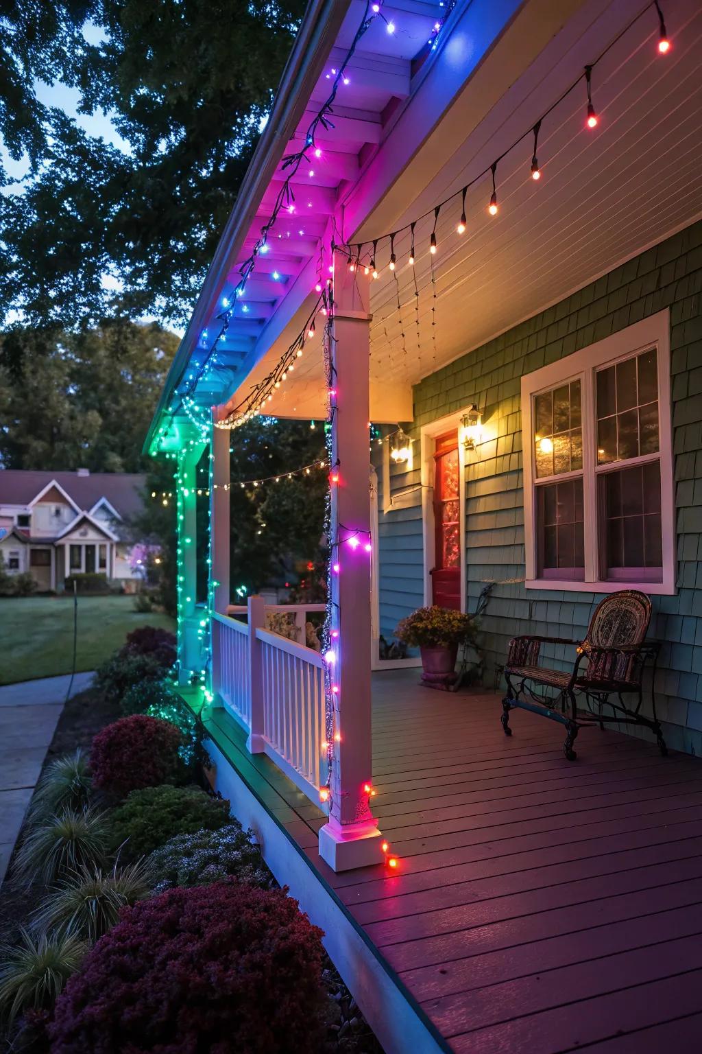 A vibrant porch with customizable color-changing string lights.