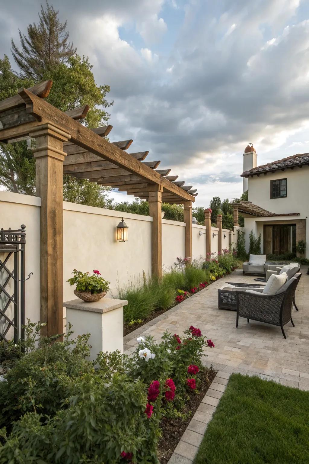 A charming blend of rustic and modern styles in a stucco fence.