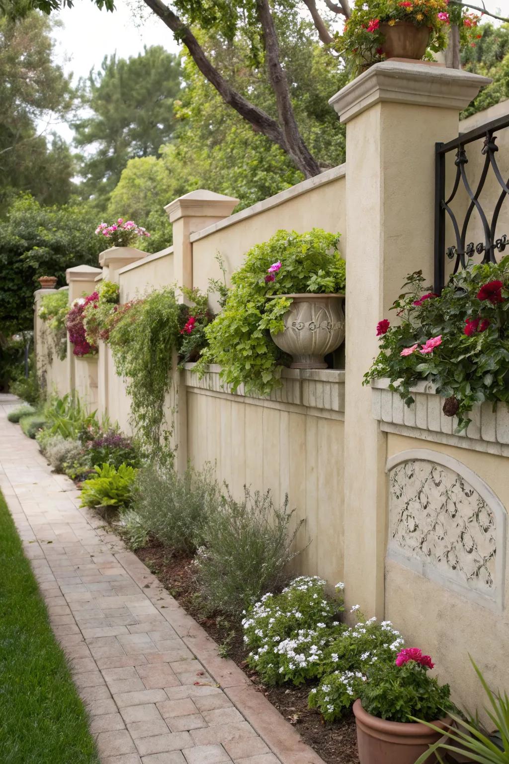 Stucco wall with stylish integrated planters.
