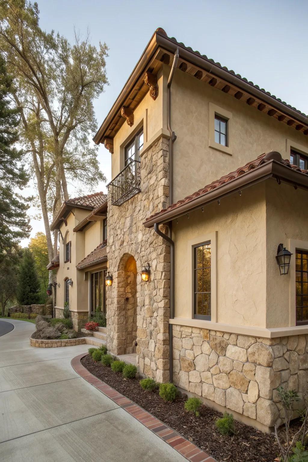 Stucco house with natural stone elements.