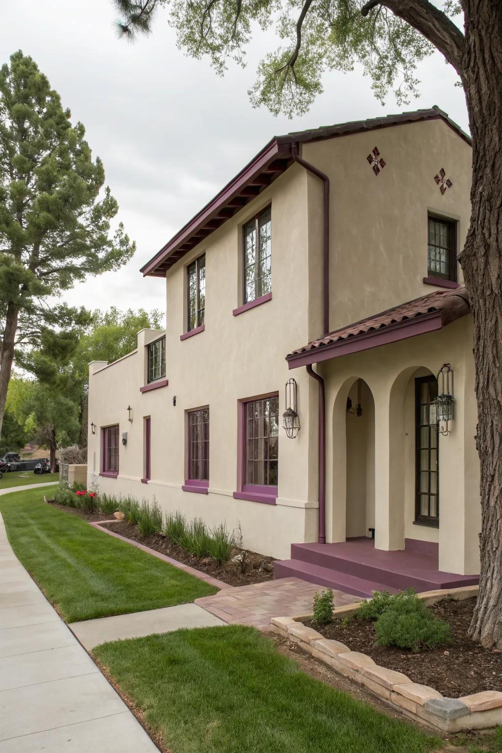 Plum accents on stucco create a luxurious and intriguing look.