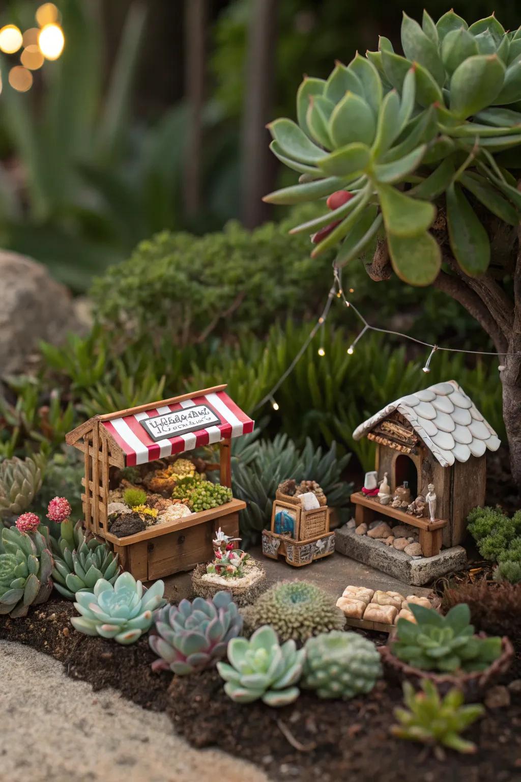A tiny fairy market invites imagination and storytelling.