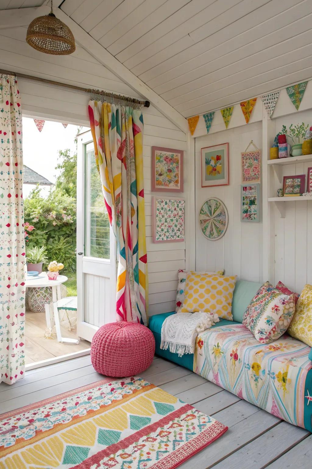 A lively summer house interior with playful patterns.