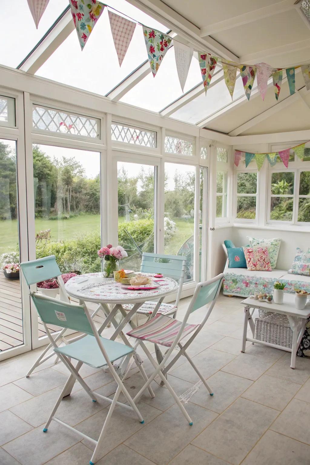 A versatile summerhouse with adaptable furniture arrangements.