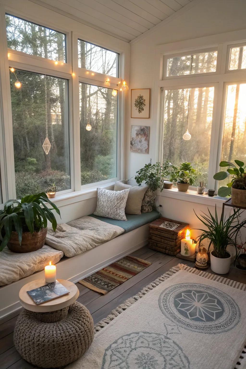 A dedicated meditation space offers a peaceful retreat in the sunroom.
