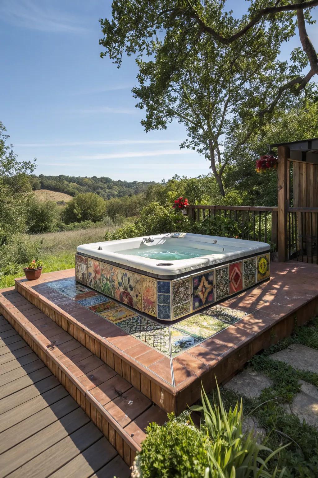 A sunken hot tub deck adorned with vibrant artistic tiles.