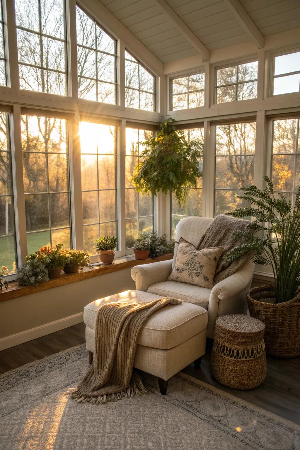A convertible chair offers versatile seating and sleeping options in this sunroom.