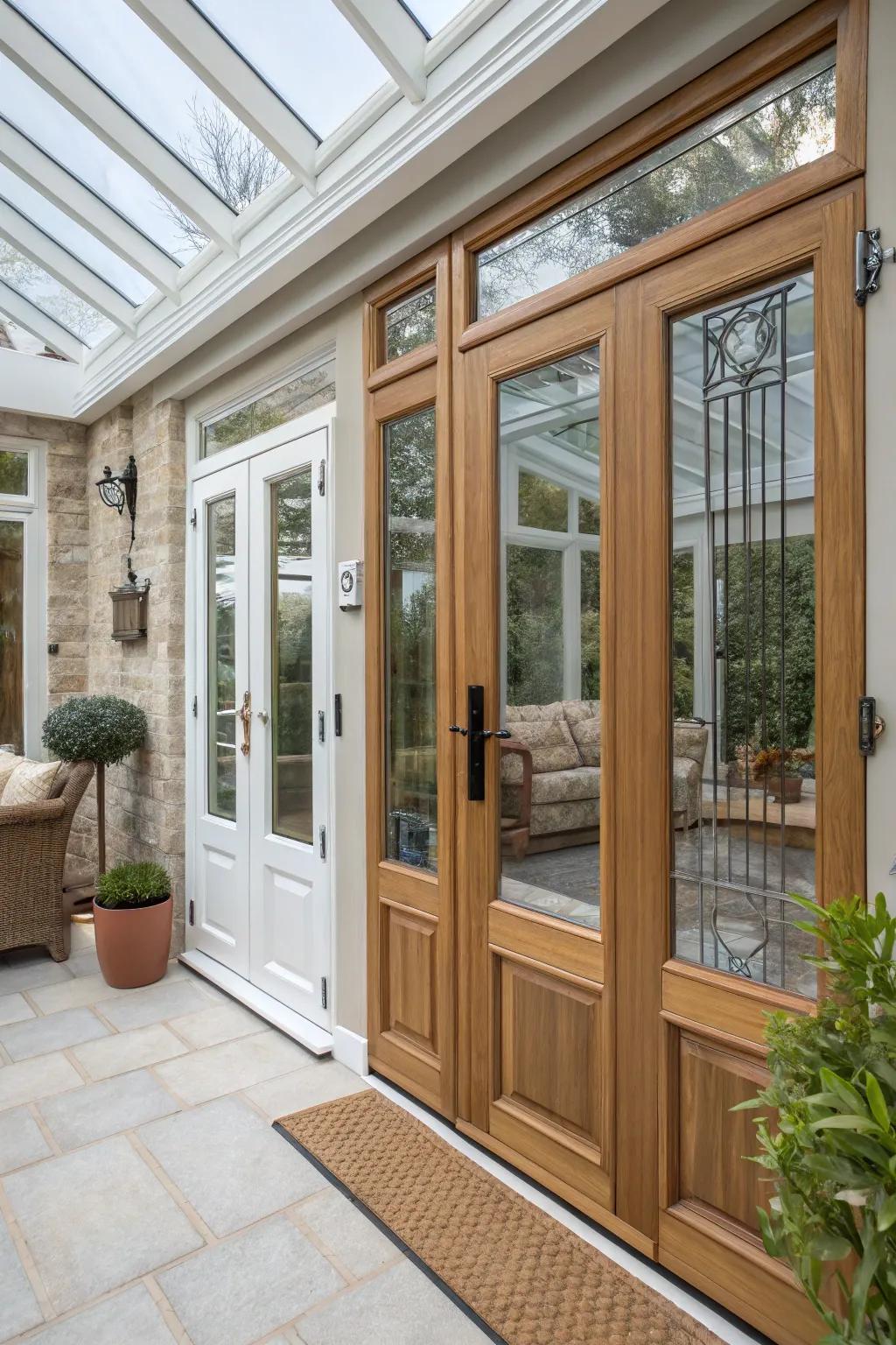 Eclectic combination doors offering a personalized sunroom design.