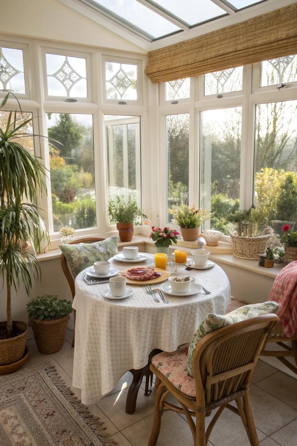 A quaint dining setup adds versatility to the sunroom.