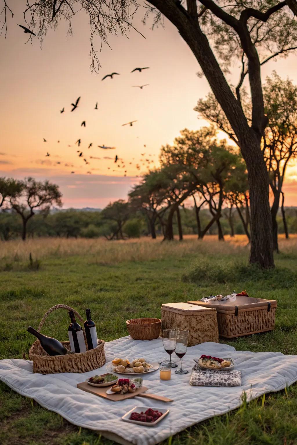 Nature's soundtrack providing a serene backdrop for a sunset picnic.