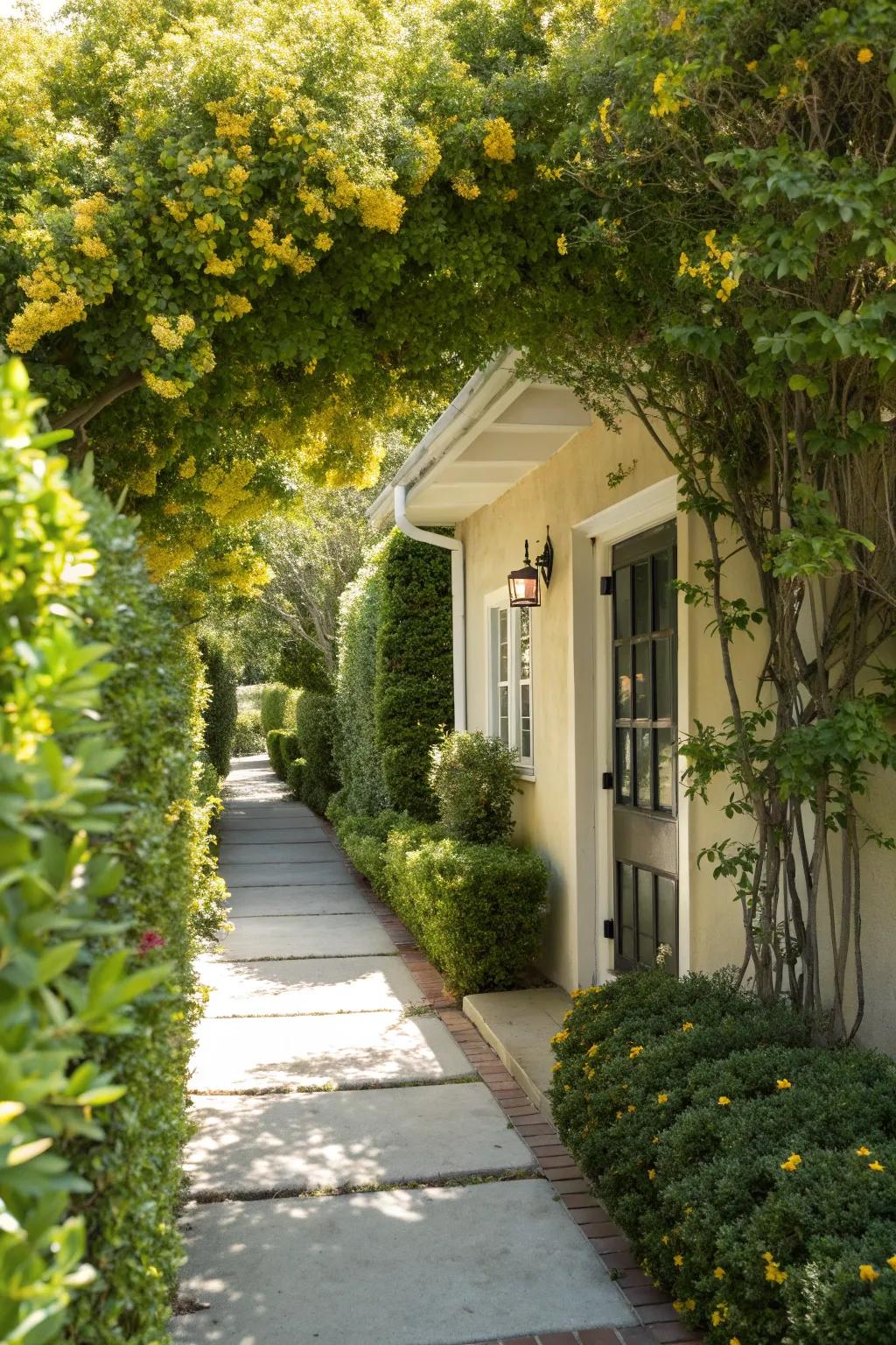 Zesty entryway with sunshine ligustrum greeting visitors with color.