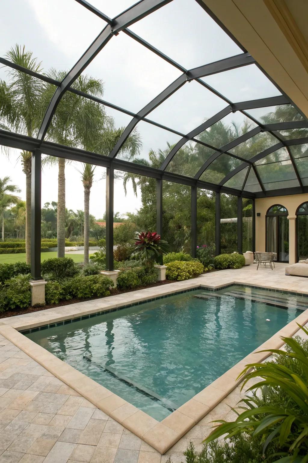 A conservatory-style pool enclosure that combines elegance with functionality.