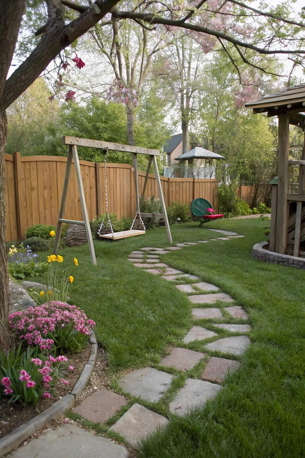 A backyard swing set with adventure pathways leading to it.