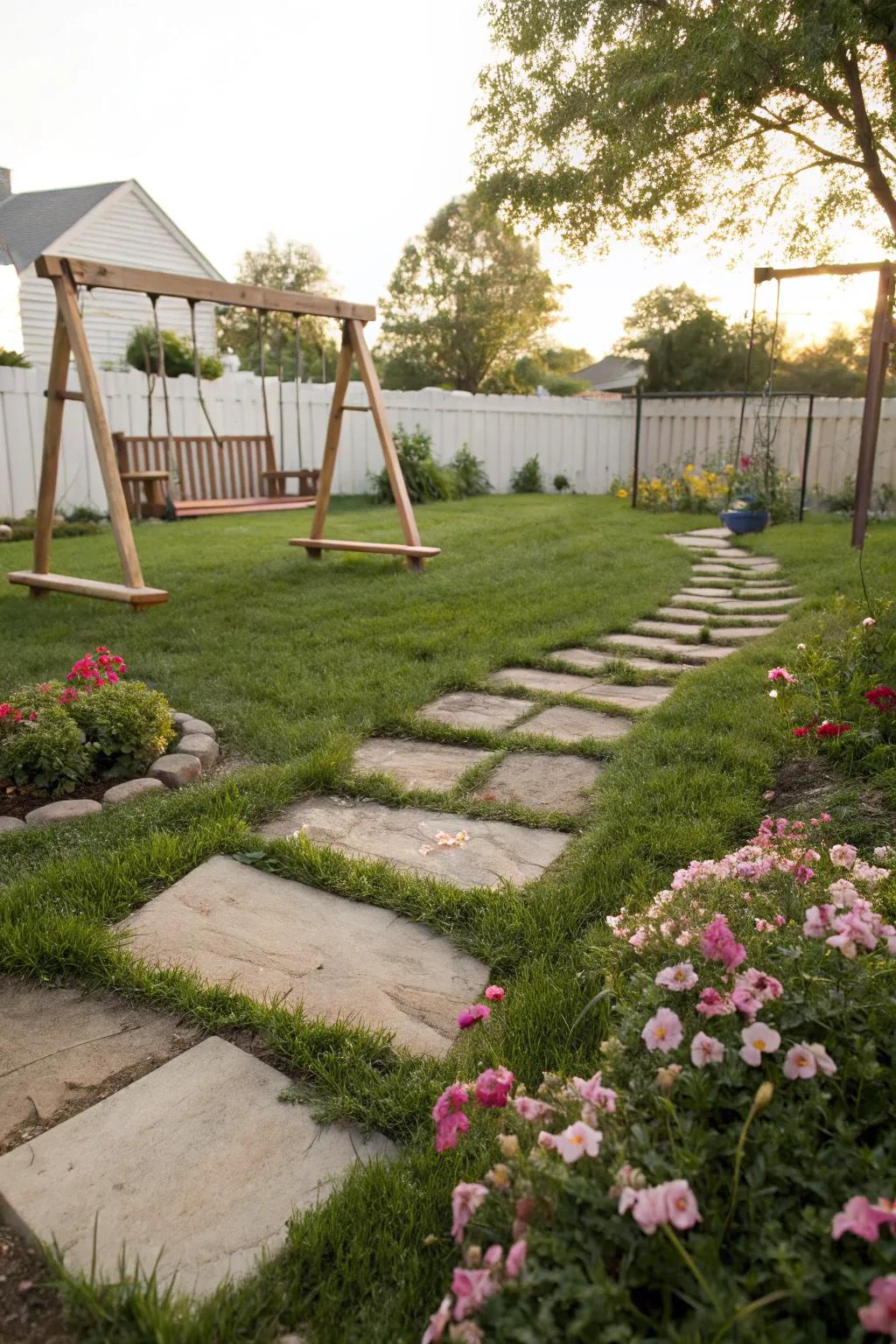 Stone pathways guiding the way to the swingset.