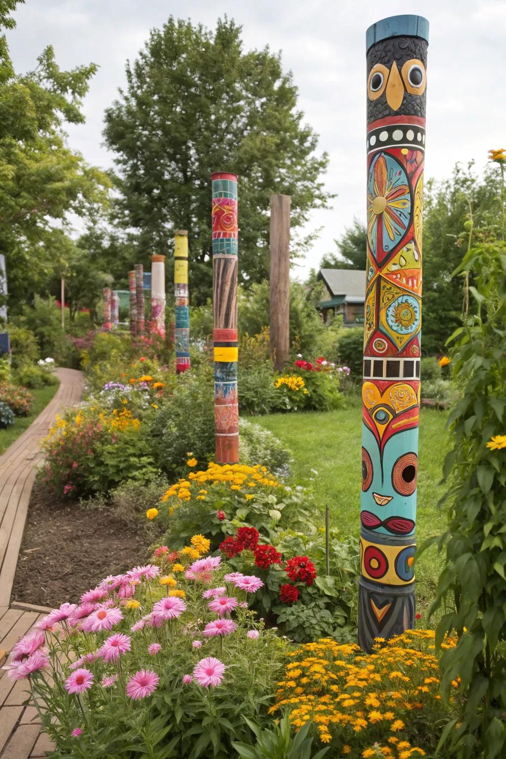 Express creativity with DIY totem poles in your garden.